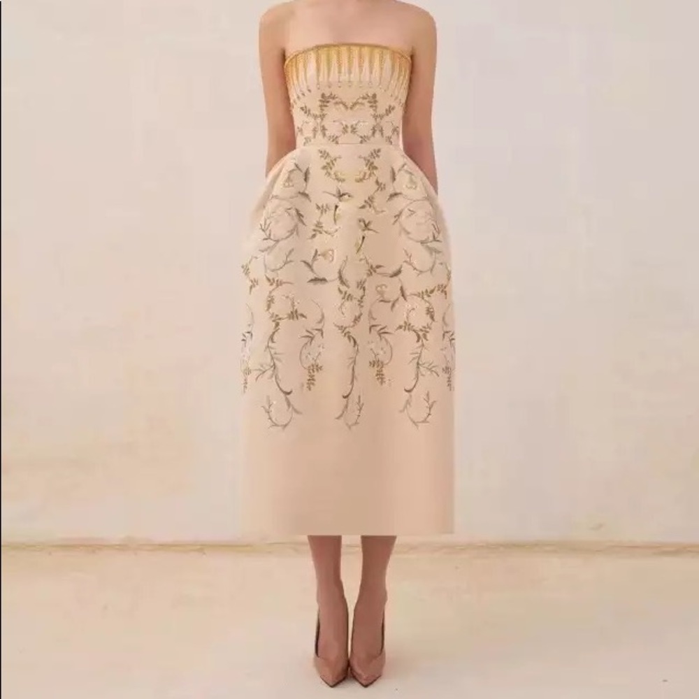 Żü Designer Botanics Runway Embroidered Midi Dress Embroidered Crystal Dress